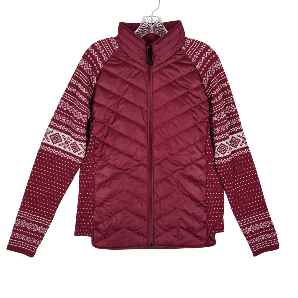 Krimson Klover Hybrid Puffer Jacket Womens Large Burgundy Fair Isle Wool Blend